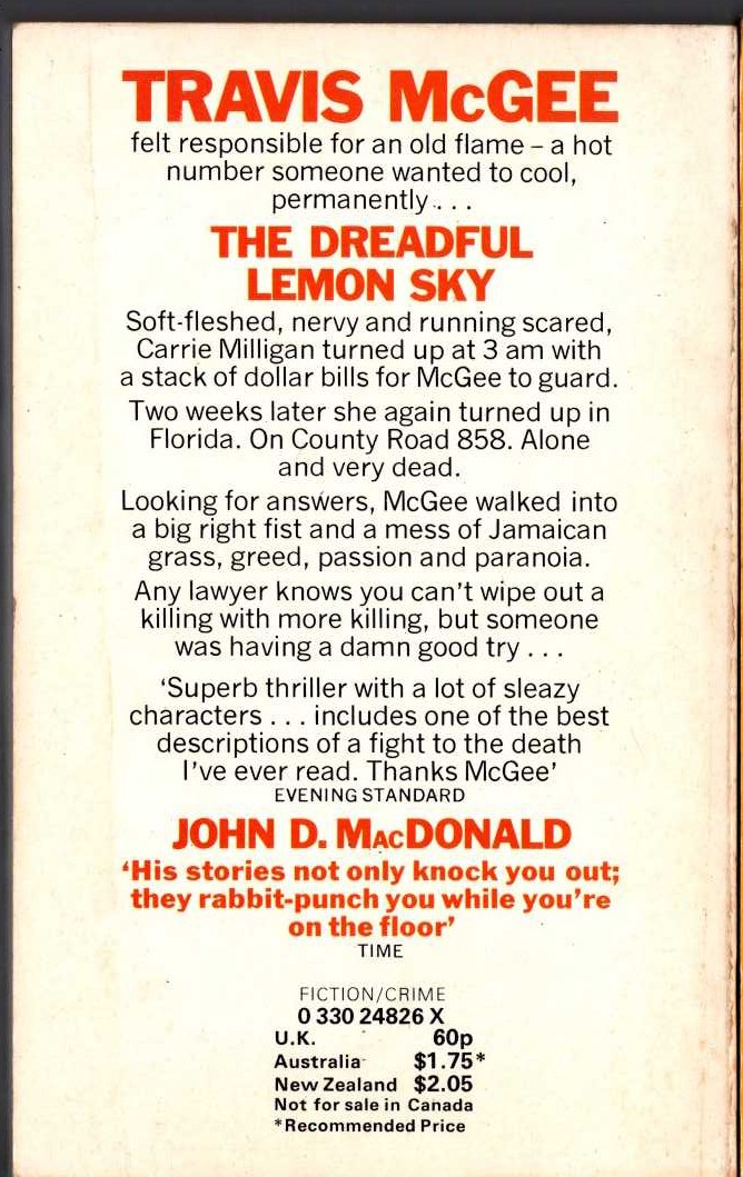 John D. MacDonald  THE DREADFUL LEMON SKY magnified rear book cover image