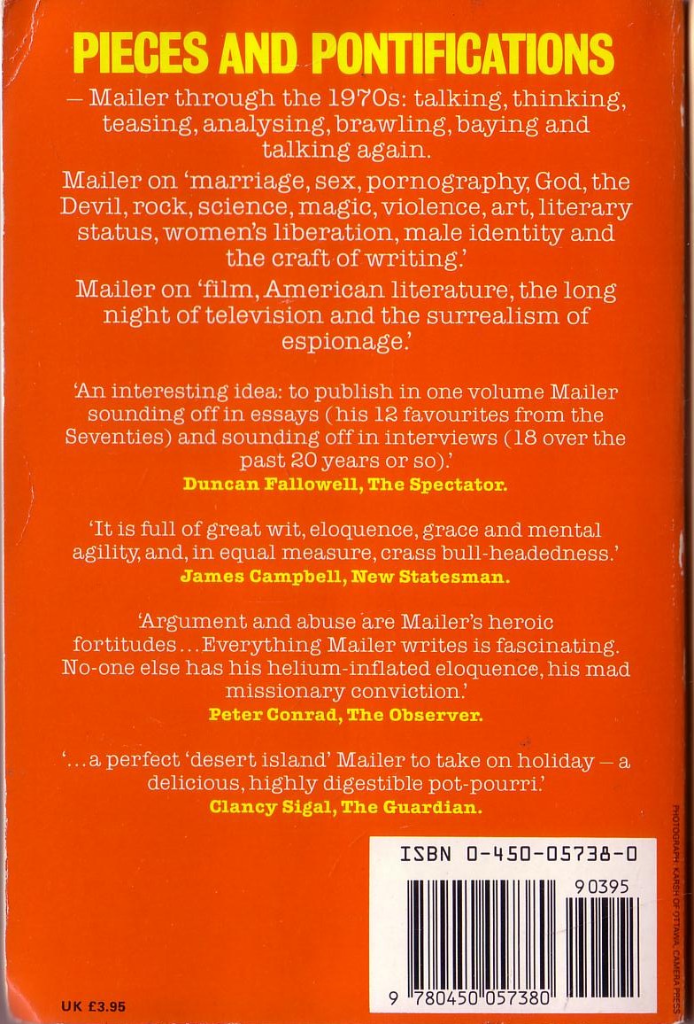 Norman Mailer  PIECES AND PONTIFICATIONS (a decade of essays and interviews) magnified rear book cover image