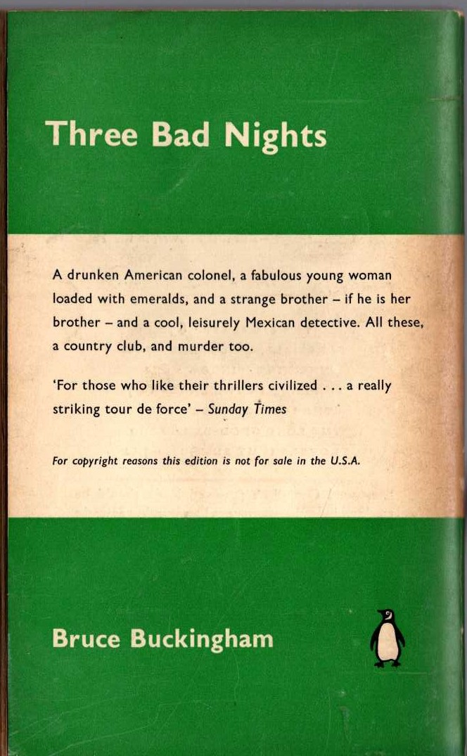 Bruce Buckingham  THREE BAD NIGHTS magnified rear book cover image