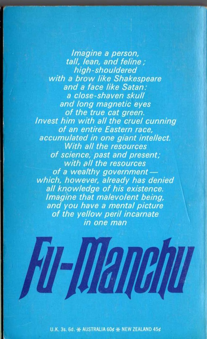 Sax Rohmer  THE DRUMS OF FU MANCHU magnified rear book cover image