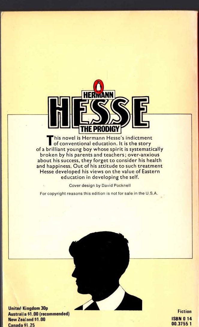 Hermann Hesse  THE PRODIGY magnified rear book cover image