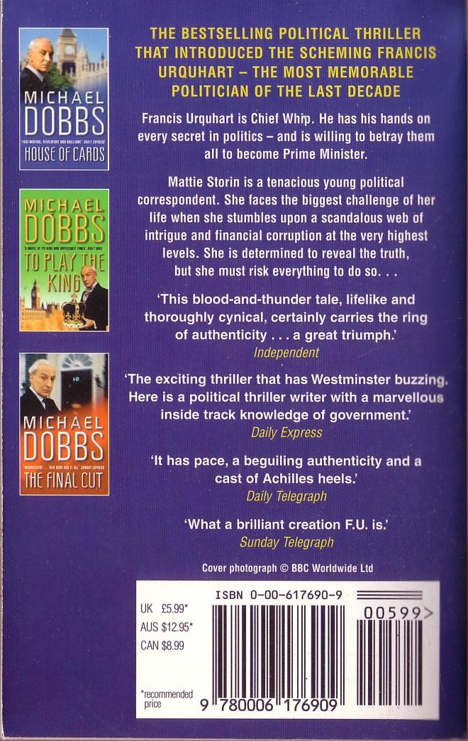 Michael Dobbs  HOUSE OF CARDS (BBC TV: Ian Richardson) magnified rear book cover image