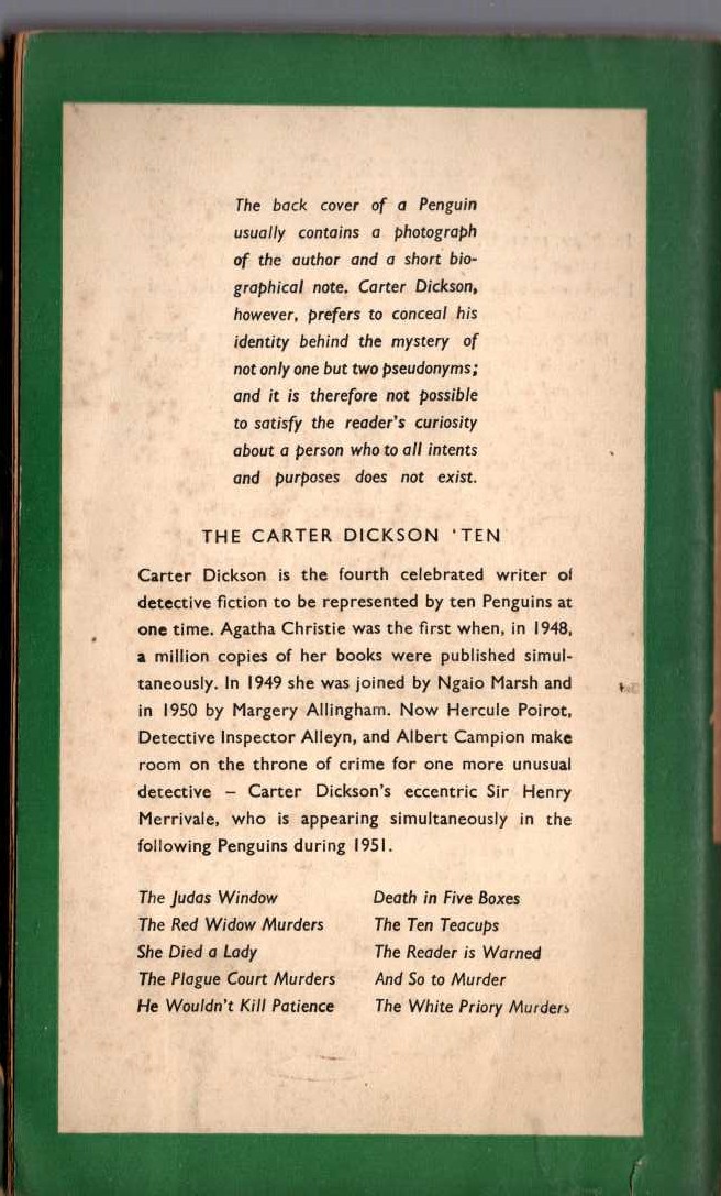 Carter Dickson  SHE DIED A LADY magnified rear book cover image