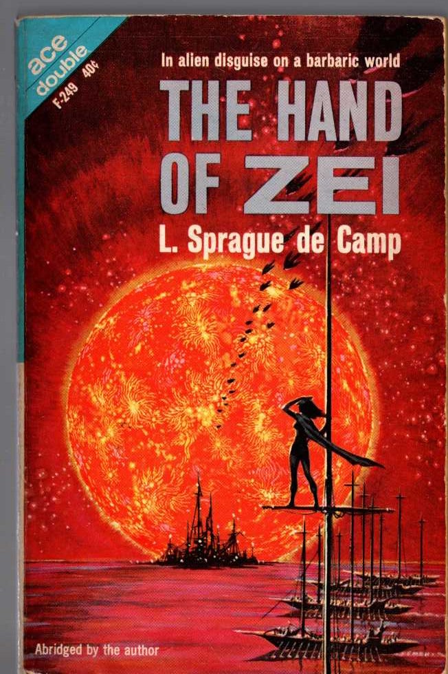 L.Sprague de Camp  THE SEARCH FOR ZEI and THE HAND OF ZEI magnified rear book cover image