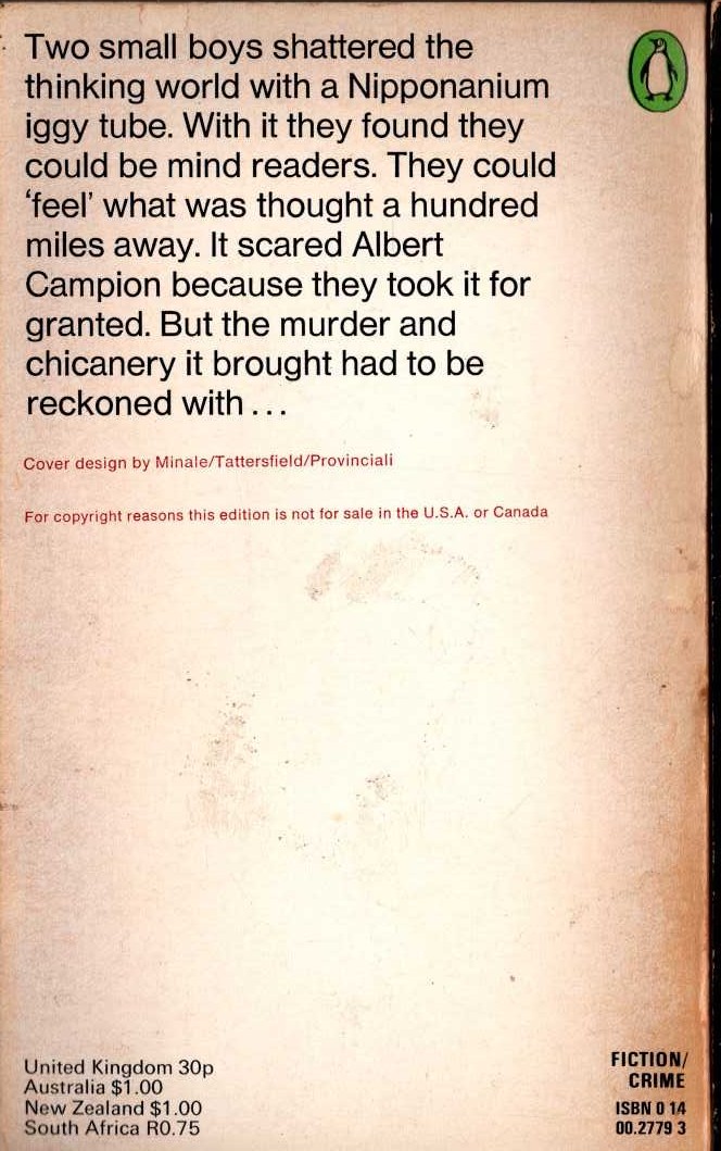 Margery Allingham  THE MIND READERS magnified rear book cover image