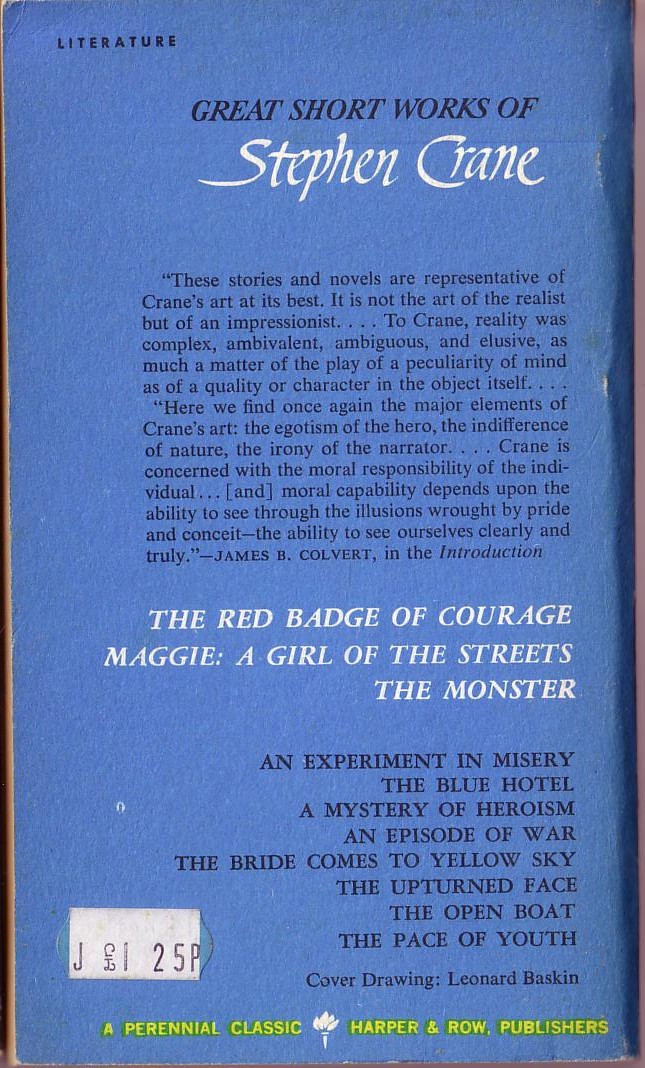 Stephen Crane  GREAT SHORT WORKS OF STEPHEN CRANE: THE RED BADGE OF COURAGE/ MAGGIE: A GIRL OF THE STREETS/ THE MONSTER/ AND EIGHT SHORT STORIES magnified rear book cover image
