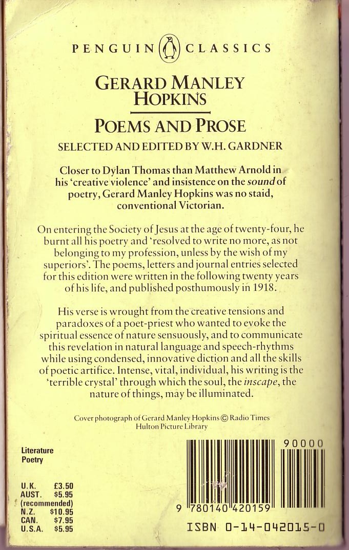 Gerard Manley Hopkins  POEMS AND PROSE magnified rear book cover image