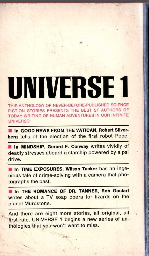 Terry Carr (edits) UNIVERSE 1 magnified rear book cover image