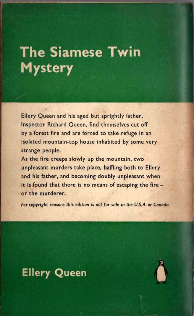 Ellery Queen  THE SIAMESE TWIN MYSTERY magnified rear book cover image