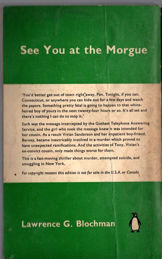 Lawrence G. Blochman  SEE YOU AT THE MORGUE magnified rear book cover image
