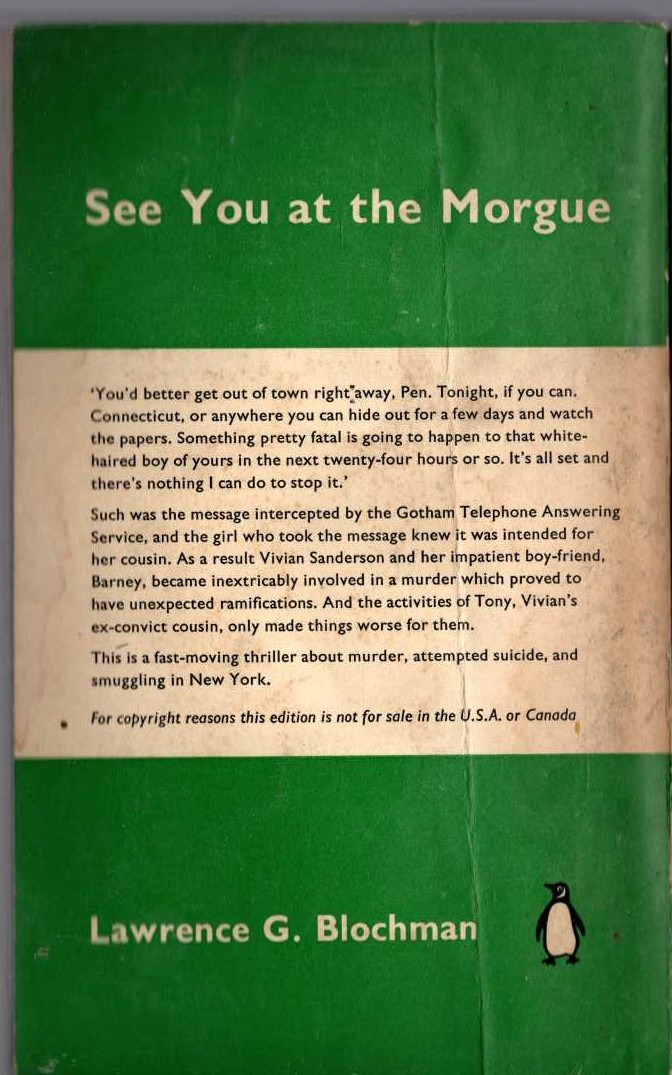 Lawrence G. Blochman  SEE YOU AT THE MORGUE magnified rear book cover image