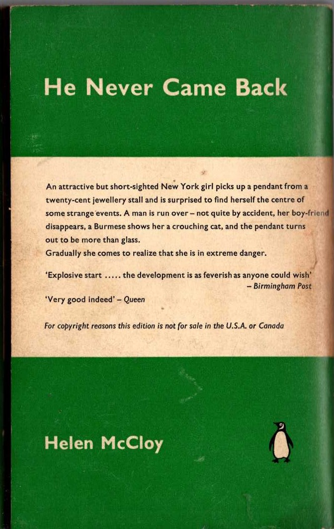 Helen McCloy  HE NEVER CAME BACK magnified rear book cover image