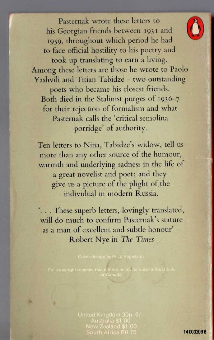 Boris Pasternak  LETTERS TO GEORGIAN FRIENDS magnified rear book cover image