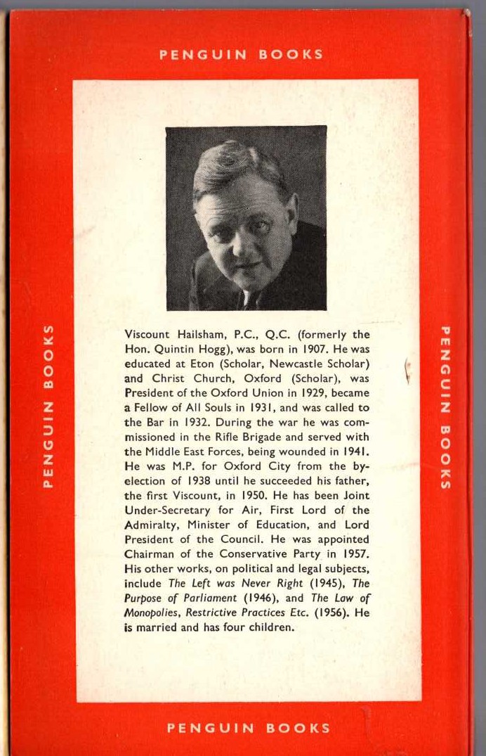 Viscount Hailsham  THE CONSERVATIVE CASE magnified rear book cover image