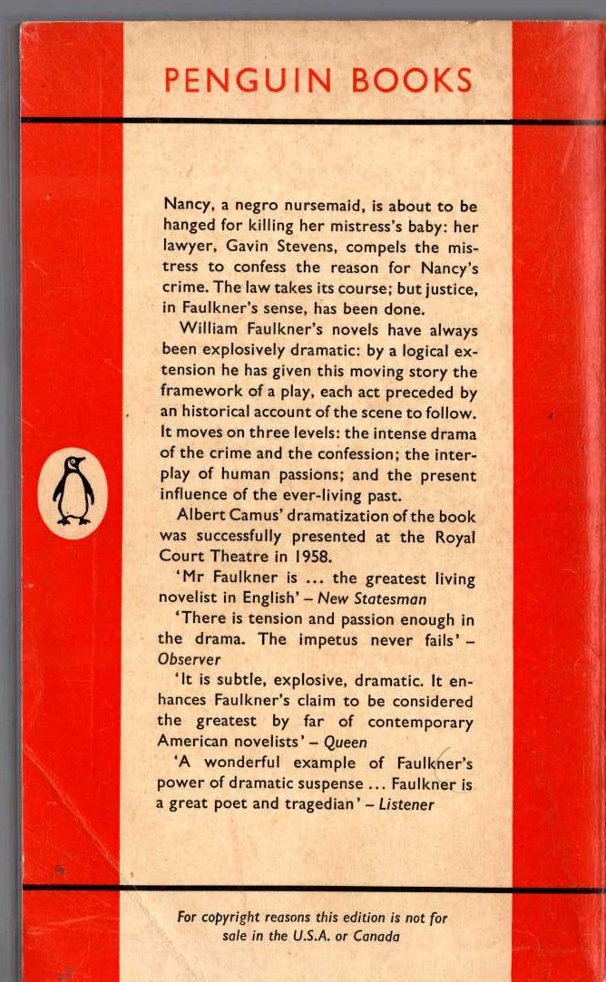 William Faulkner  REQUIEM FOR A NUN magnified rear book cover image