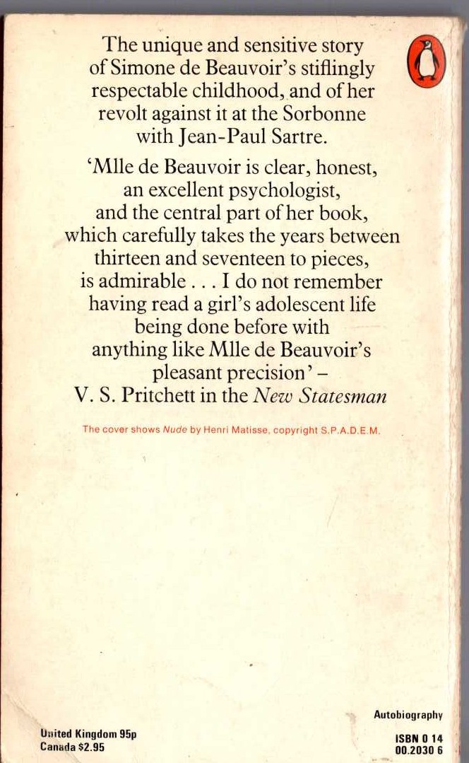 Simone de Beauvoir  MEMOIRS OF A DUTIFUL DAUGHTER magnified rear book cover image