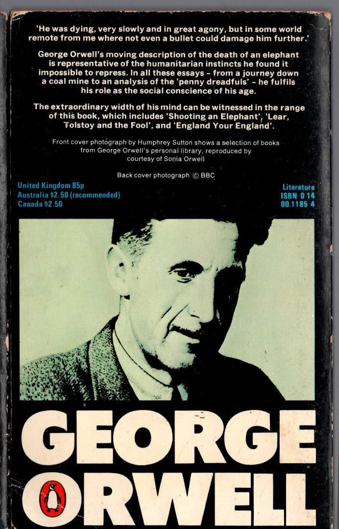 George Orwell  INSIDE THE WHALE and Other Essays magnified rear book cover image