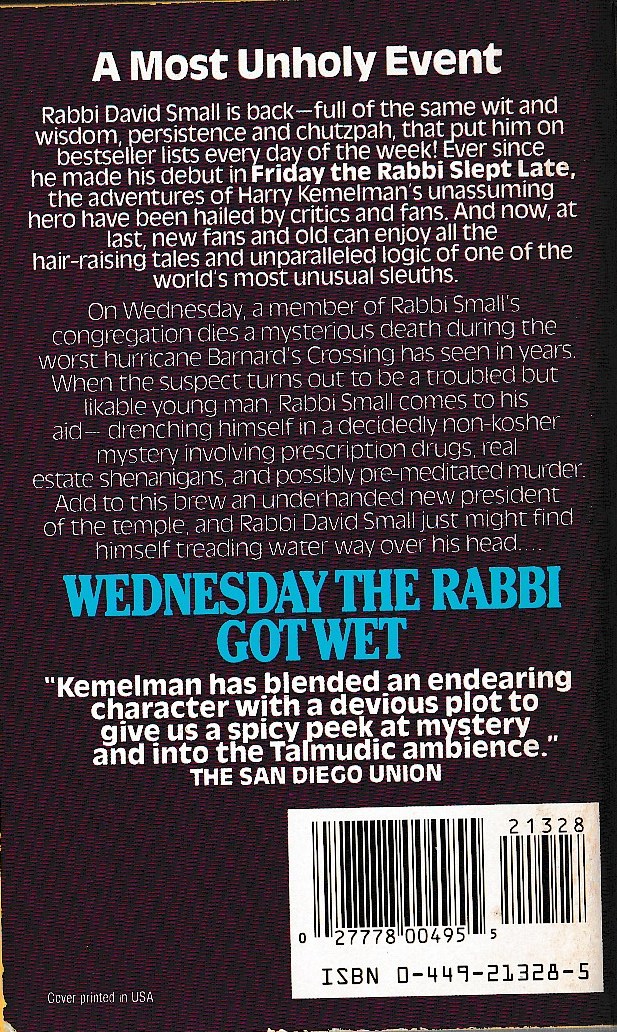 Harry Kemelman  WEDNESDAY THE RABBI GOT WET magnified rear book cover image