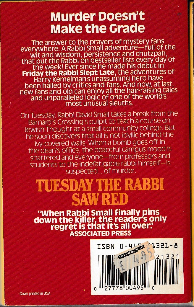 Harry Kemelman  TUESDAY THE RABBI SAW RED magnified rear book cover image