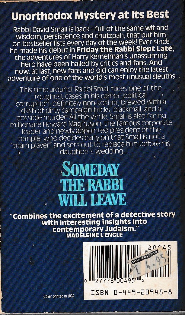 Harry Kemelman  SOMEDAY THE RABBI WILL LEAVE magnified rear book cover image