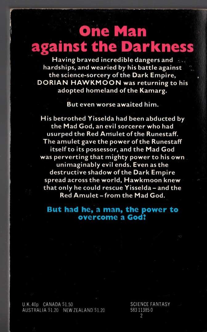 Michael Moorcock  THE MAD GOD'S AMULET magnified rear book cover image