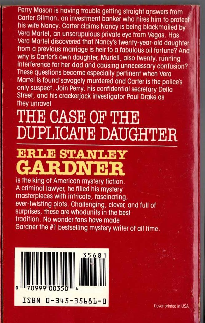 Erle Stanley Gardner  THE CASE OF THE DUPLICATE DAUGHTER magnified rear book cover image