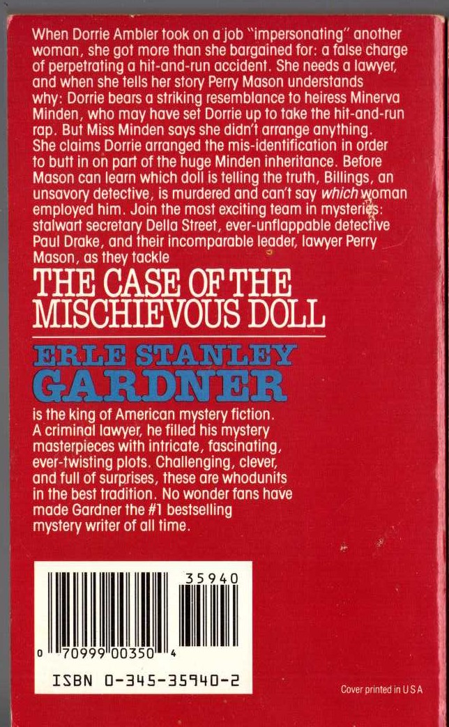 Erle Stanley Gardner  THE CASE OF THE MISCHIEVOUS DOLL magnified rear book cover image