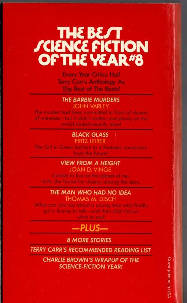 Terry Carr (edits) THE BEST SCIENCE FICTION OF THE YEAR #8 magnified rear book cover image