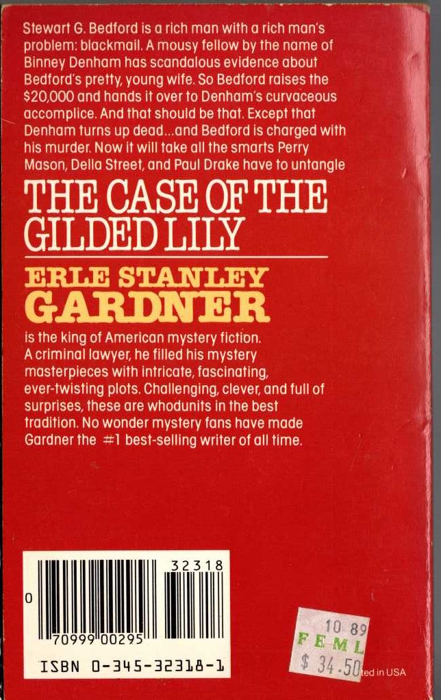 Erle Stanley Gardner  THE CASE OF THE GILDED LILY magnified rear book cover image