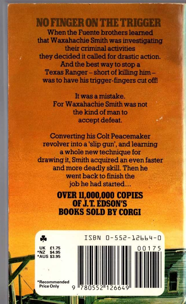 J.T. Edson  NO FINGER ON THE TRIGGER magnified rear book cover image