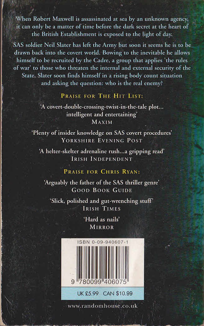 Chris Ryan  THE HIT LIST magnified rear book cover image