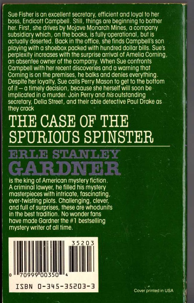 Erle Stanley Gardner  THE CASE OF THE SPURIOUS SPINSTER magnified rear book cover image