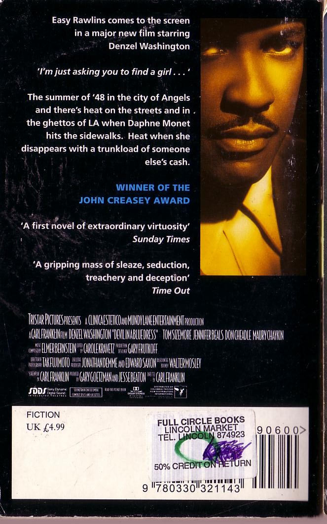 Walter Mosley  DEVIL IN A BLUE DRESS (Denzel Washington) magnified rear book cover image