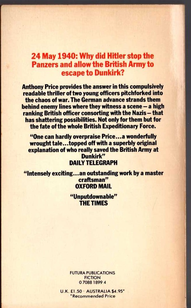 Anthony Price  THE HOUR OF THE DONKEY magnified rear book cover image