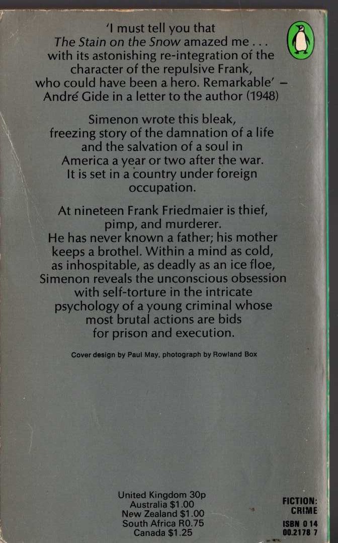 Georges Simenon  THE STAIN ON THE SNOW magnified rear book cover image