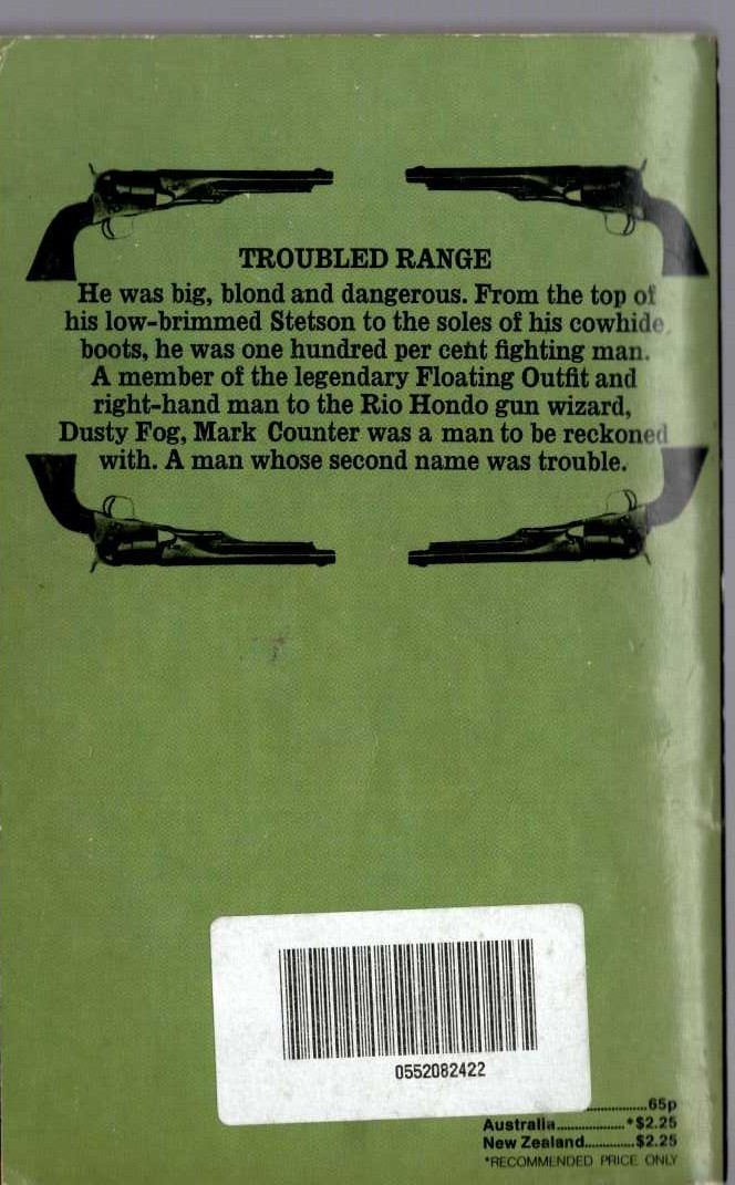 J.T. Edson  TROUBLED RANGE magnified rear book cover image