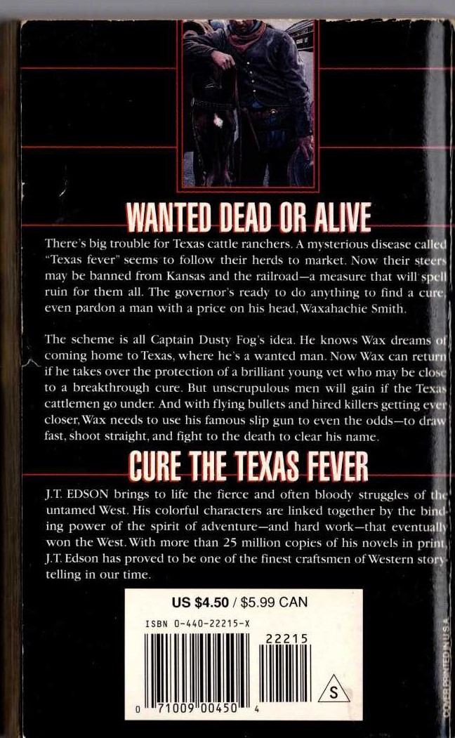 J.T. Edson  CURE THE TEXAS FEVER magnified rear book cover image