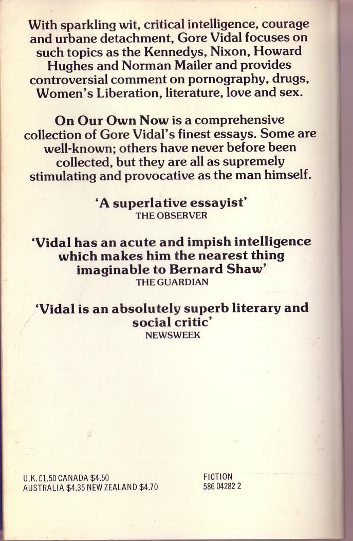 Gore Vidal  ON OUR OWN NOW magnified rear book cover image