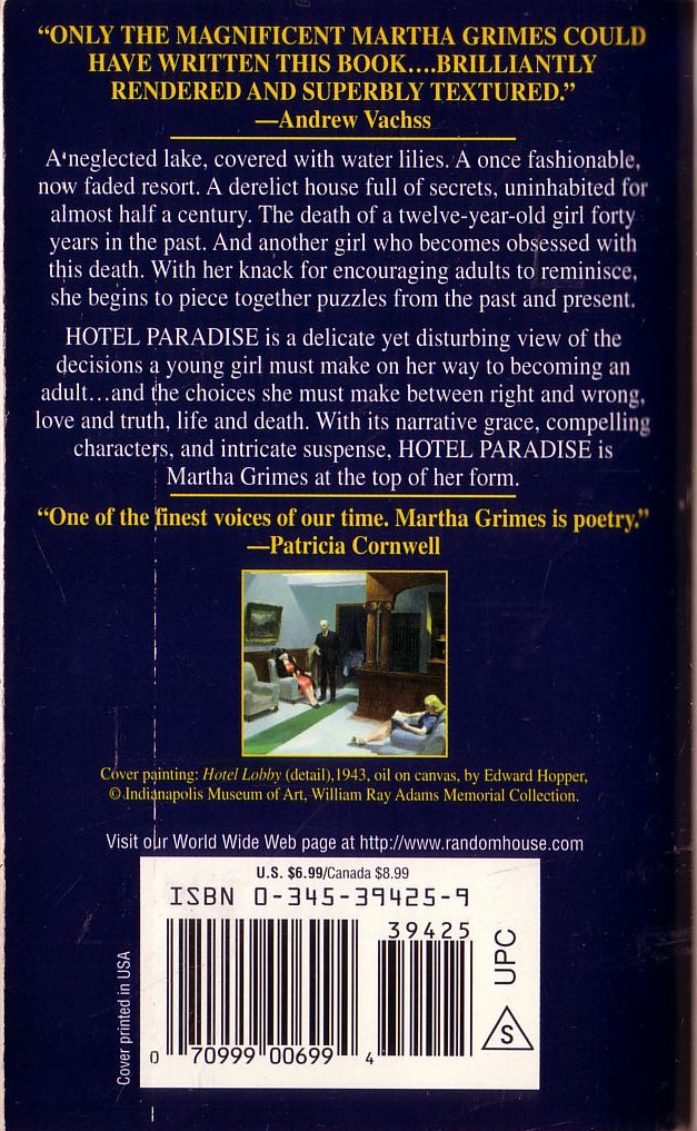 Martha Grimes  HOTEL PARADISE magnified rear book cover image