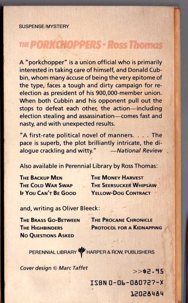 Ross Thomas  THE PORKCHOPPERS magnified rear book cover image