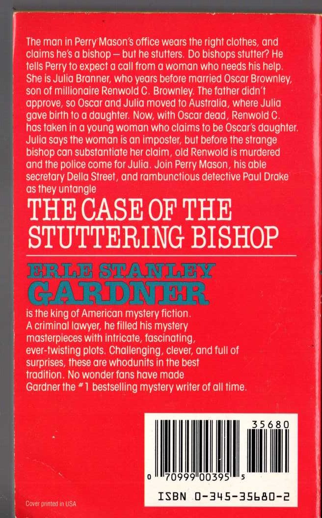 Erle Stanley Gardner  THE CASE OF THE STUTTERING BISHOP magnified rear book cover image