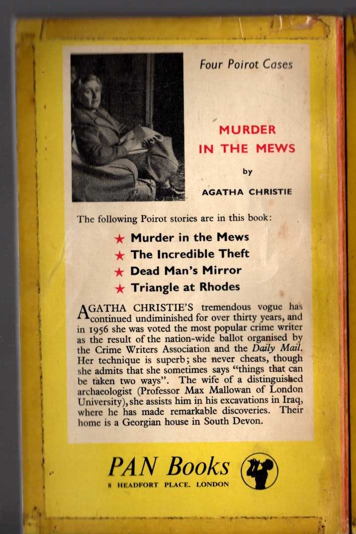 Agatha Christie  MURDER IN THE MEWS magnified rear book cover image