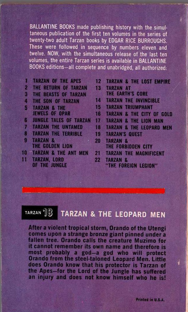 Edgar Rice Burroughs  TARZAN AND THE LEOPARD MEN magnified rear book cover image
