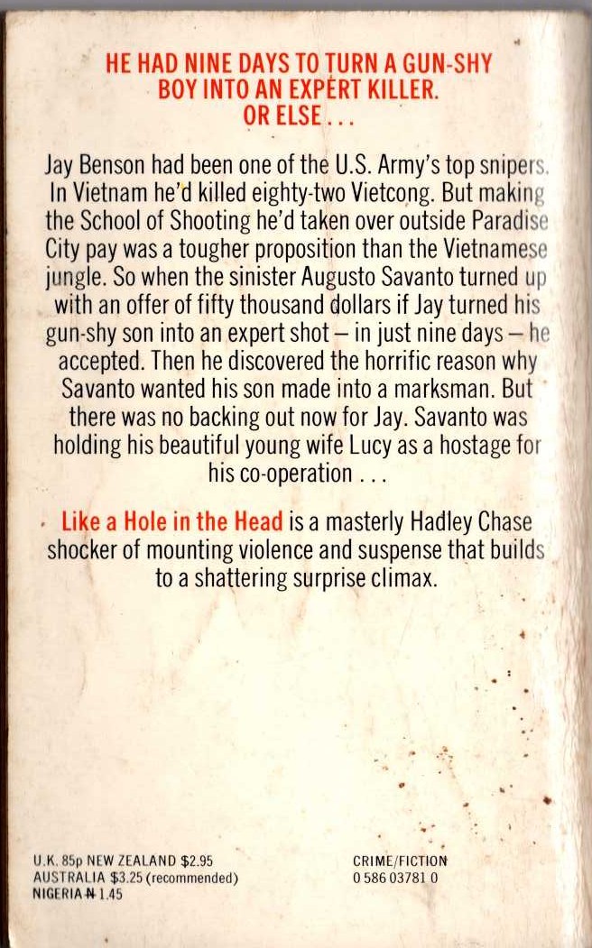 James Hadley Chase  LIKE A HOLE IN THE HEAD magnified rear book cover image