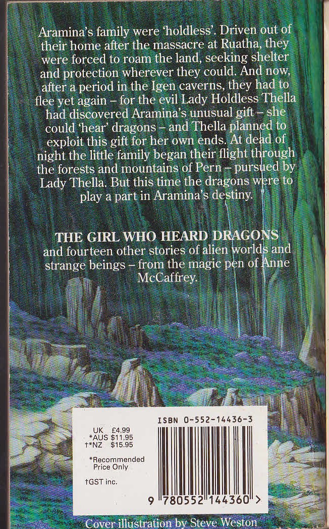 Anne McCaffrey  THE GIRL WHO HEARD DRAGONS magnified rear book cover image