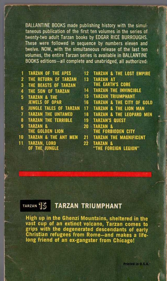 Edgar Rice Burroughs  TARZAN TRIUMPHANT magnified rear book cover image