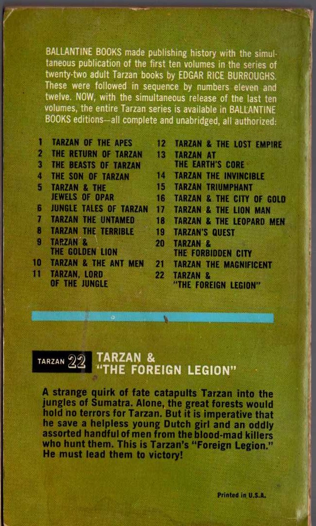 Edgar Rice Burroughs  TARZAN AND THE FOREIGN LEGION magnified rear book cover image