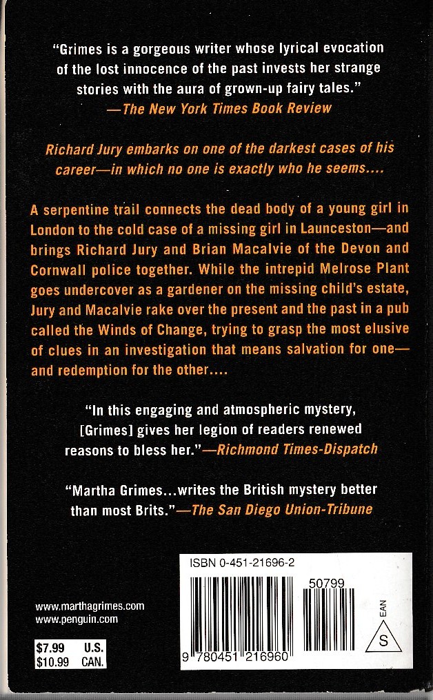 Martha Grimes  THE WINDS OF CHANGE magnified rear book cover image