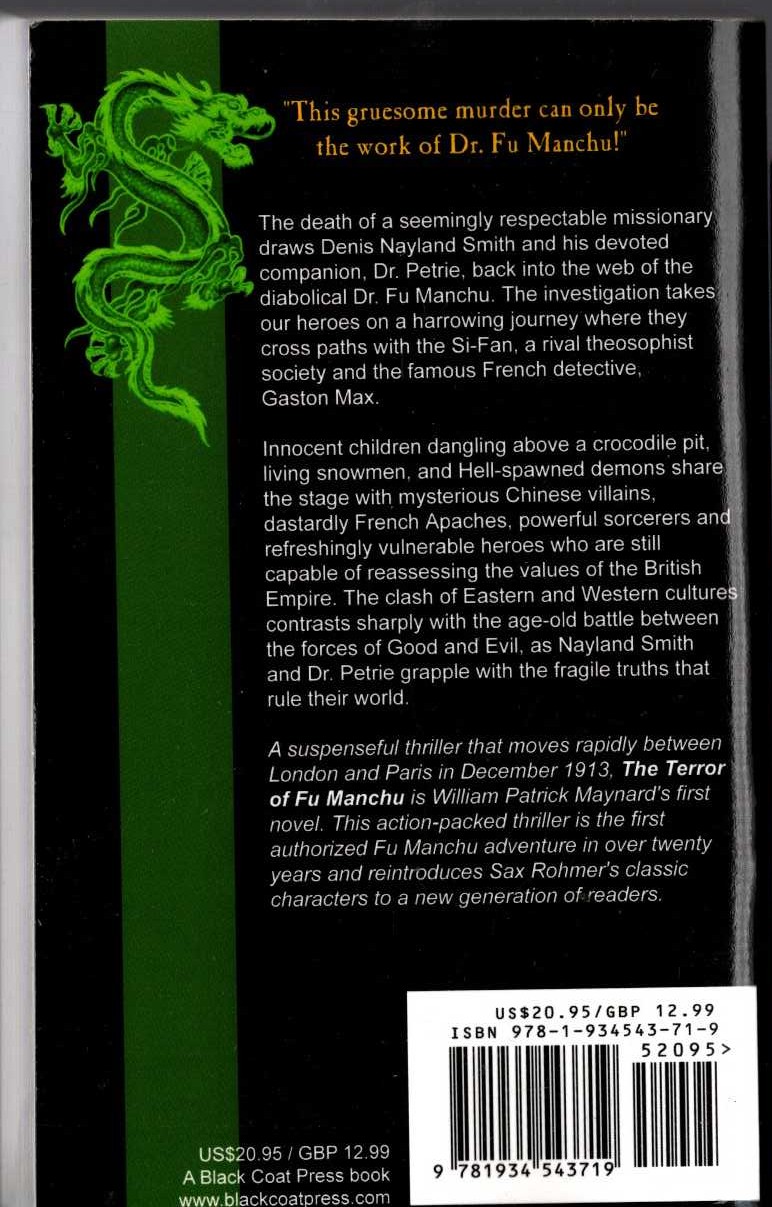 (William Patrick Maynard) THE TERROR OF FU MANCHU magnified rear book cover image