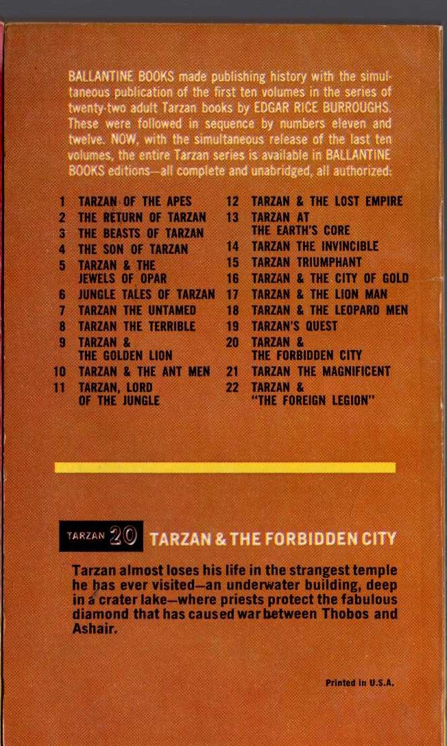 Edgar Rice Burroughs  TARZAN AND THE FORBIDDEN CITY magnified rear book cover image
